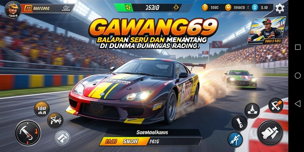 Tampilan seru gameplay balapan di GAWANG69 dengan mobil mengebut.