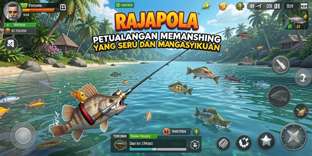 Tampilan gameplay seru RAJAPOLA dengan memancing di lokasi indah.
