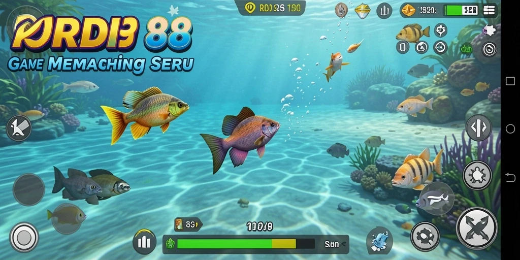 Screenshot gameplay RDI88 menunjukkan aksi memancing yang seru.