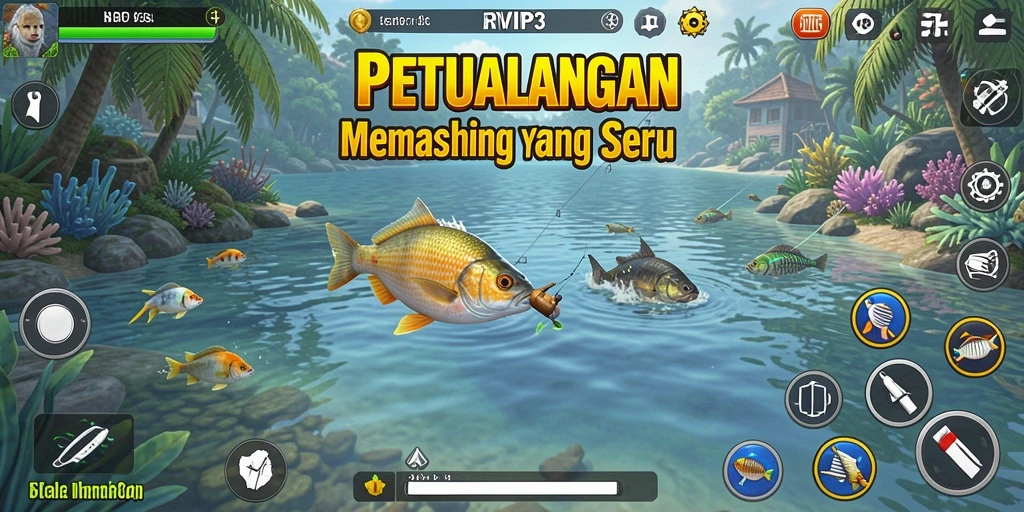 Screenshot utama menunjukkan pemain menangkap ikan besar di RVIP3.