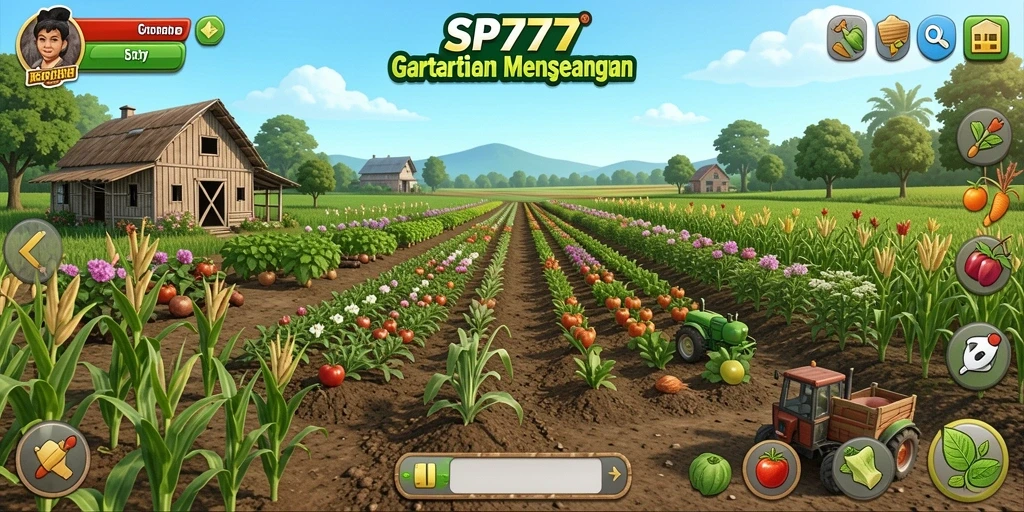 Screenshot SP777 menunjukkan pemain yang sedang memanen tanaman dengan penuh semangat.