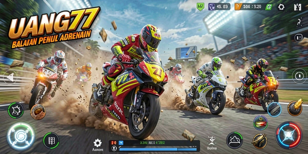Screenshot <strong>UANG77</strong> menampilkan aksi balapan motor yang seru di lintasan.