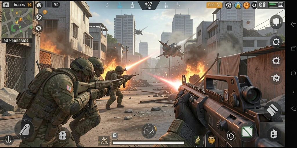 Screenshot utama V07 menunjukkan aksi menegangkan dalam pertempuran FPS.